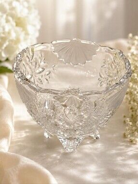 Vintage Clear Glass Candy Dish | Floral Etched Footed Serving Bowl